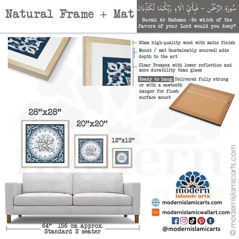 May include: A framed Islamic art print with blue and white calligraphy on a blue background. The print is available in three sizes: 28 inches by 28 inches, 20 inches by 20 inches, and 12 inches by 12 inches. The print is shown hanging above a gray couch.