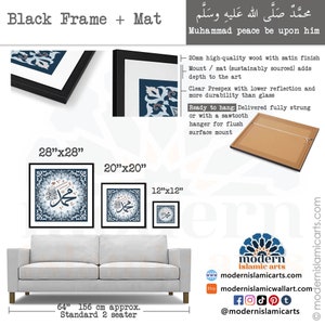 May include: A framed Islamic art print featuring a blue and white geometric design and Arabic calligraphy. The print is available in three sizes: 28 inches by 28 inches, 20 inches by 20 inches, and 12 inches by 12 inches. The print is displayed above a grey sofa.