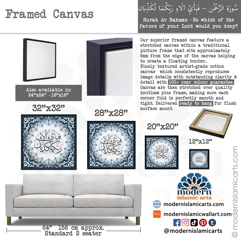 May include: Framed canvas print of Islamic calligraphy in blue and white with a decorative border. The print is available in various sizes, including 12x12 inches, 20x20 inches, 28x28 inches, and 32x32 inches. The canvas is stretched over a knotless pine frame and is ready to hang.