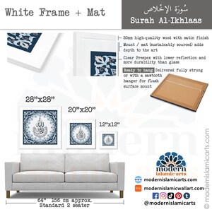 May include: White framed print of Islamic calligraphy in blue and white with a decorative border. The print is available in three sizes: 28 inches by 28 inches, 20 inches by 20 inches, and 12 inches by 12 inches. The print is shown hanging above a white sofa.
