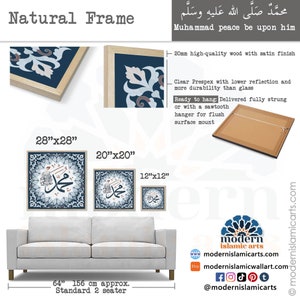 May include: A set of three framed Islamic art prints featuring calligraphy in Arabic script. The prints are in various sizes: 28 inches by 28 inches, 20 inches by 20 inches, and 12 inches by 12 inches. The frames are made of high-quality wood with a satin finish.