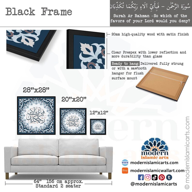 May include: A black framed print of Islamic calligraphy in Arabic script with a blue and white geometric pattern. The print is available in three sizes: 28 inches by 28 inches, 20 inches by 20 inches, and 12 inches by 12 inches. The print is shown hanging above a white sofa.
