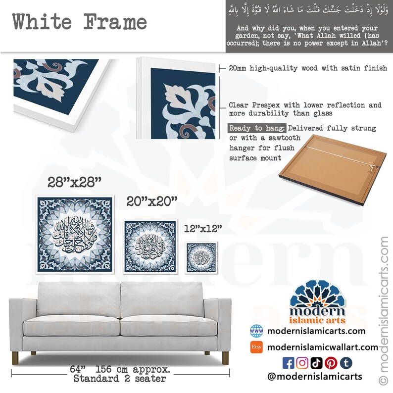May include: A white framed Islamic art print with blue and white geometric patterns and Arabic calligraphy. The print is available in three sizes: 28 inches by 28 inches, 20 inches by 20 inches, and 12 inches by 12 inches. The print is shown hanging above a gray couch.