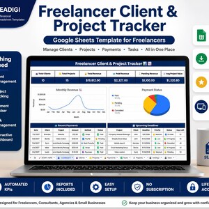 Planilha de acompanhamento de projetos de clientes freelancers | Planejador de negócios do Google Sheets | Modelo de gerenciamento de tarefas de pagamento de faturas CRM