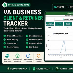 Virtuele assistent-klantentracker | Dashboard voor abonnementsbeheer | Klantbetalingen, uren en verlengingen | Google Sheets-sjabloon