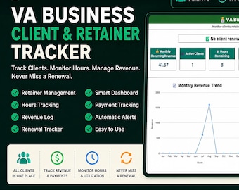 Virtual Assistant Client Retainer Tracker | Google Sheets Dashboard (Digital Download)