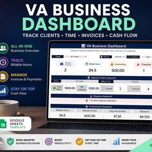 Virtual Assistant Dashboard | Time Tracking, Invoicing, Client Billing (Google Sheets)