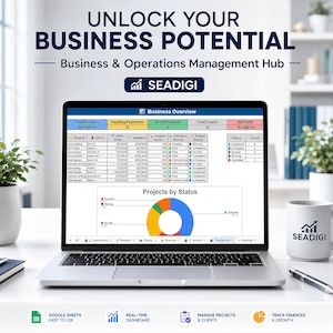 Business & Operations Management Hub Google Sheets dashboard displayed on a laptop screen.