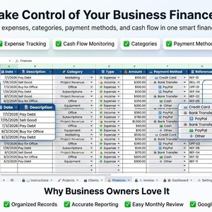 Google Sheets business financial tracker and expense dashboard preview.