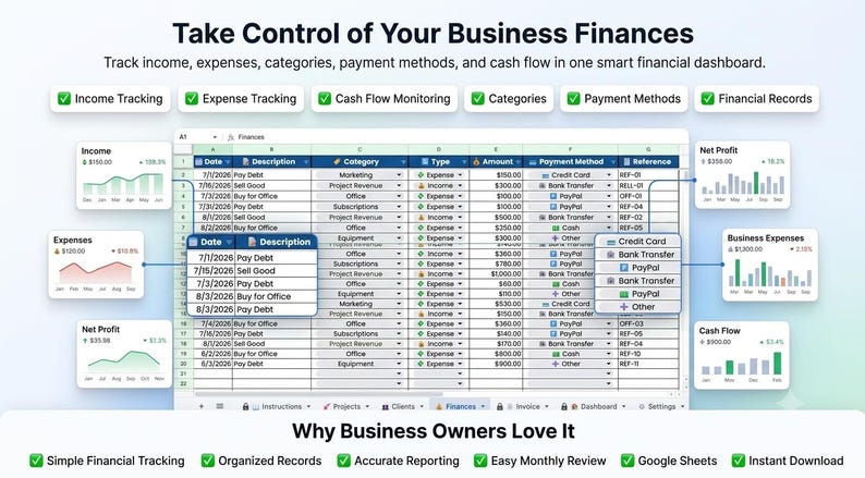 Google Sheets business financial tracker and expense dashboard preview.