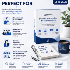 May include: A white and blue box labeled Seadigi Business & Operations Management Hub, featuring icons for project tracking, client CRM, financial management, and invoicing. Includes a spiral-bound notebook with the text PLAN MANAGE GROW and a blue mug.
