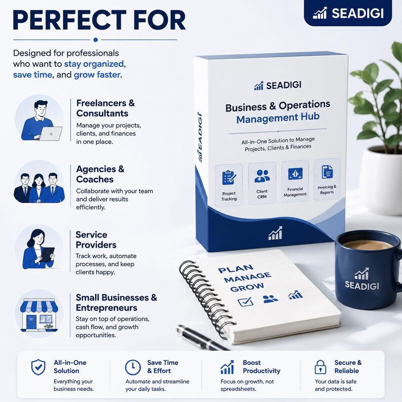 May include: A white and blue box labeled Seadigi Business & Operations Management Hub, featuring icons for project tracking, client CRM, financial management, and invoicing. Includes a spiral-bound notebook with the text PLAN MANAGE GROW and a blue mug.