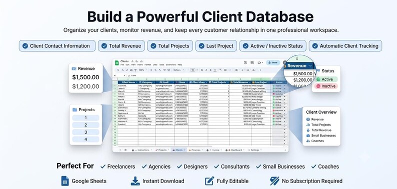 SEADIGI client database and CRM spreadsheet template preview.