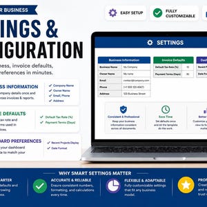 Business template settings and configuration dashboard preview.
