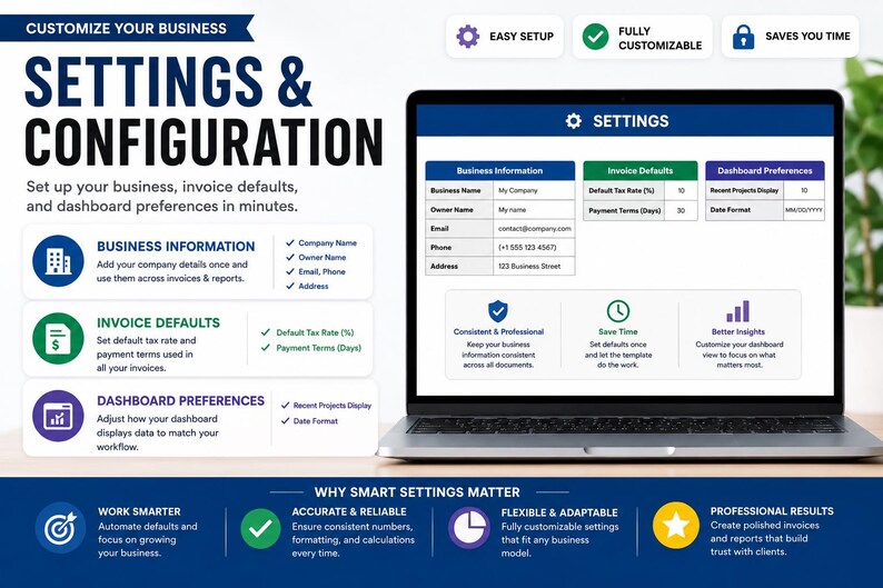 Business template settings and configuration dashboard preview.