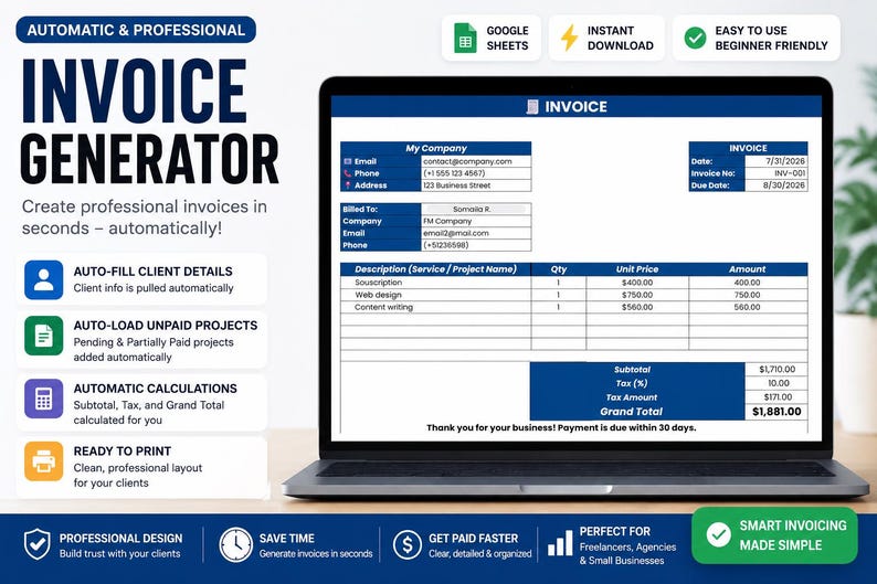 Professional invoice generator and financial template for small businesses.