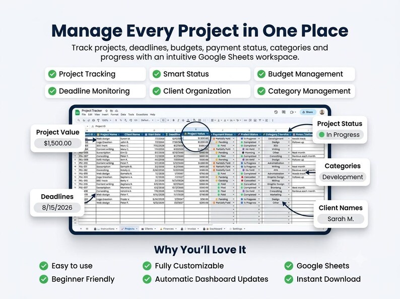 Project and task management tracker inside Google Sheets.