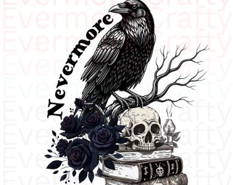 Nevermore Raven em Caveira com Flores PNG | Download Digital Gótico | Arte Inspirada em Edgar Allan Poe | Dark Academia