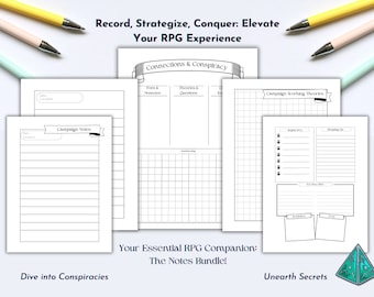 May include: A set of printable RPG note pages with black and white graphics. The pages include sections for campaign notes, connections and conspiracy, campaign working theories, and a shopping list. The text on the page reads "Record, Strategize, Conquer: Elevate Your RPG Experience", "Connections & Conspiracy", "Campaign Working Theories", "Campaign Notes", "Dive into Conspiracies", "Your Essential RPG Companion: The Notes Bundle!" and "Unearth Secrets".