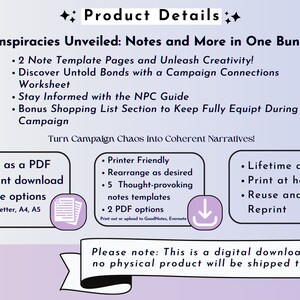 以下が含まれることがあります： ロールプレイングゲーム用の印刷可能なノートのセットのための、紫と白のデジタルダウンロード製品リスト。リストには、2つのノートテンプレート、ワークシート、NPCガイド、買い物リスト、そして5つの考えさせられるノートテンプレートが含まれています。リストには、PDFとして保存する機能、インスタントダウンロード、3つのサイズオプションなど、製品の機能に関する情報も含まれています。リストには、これがデジタルダウンロードであり、物理的な製品は発送されないという注意書きも含まれています。