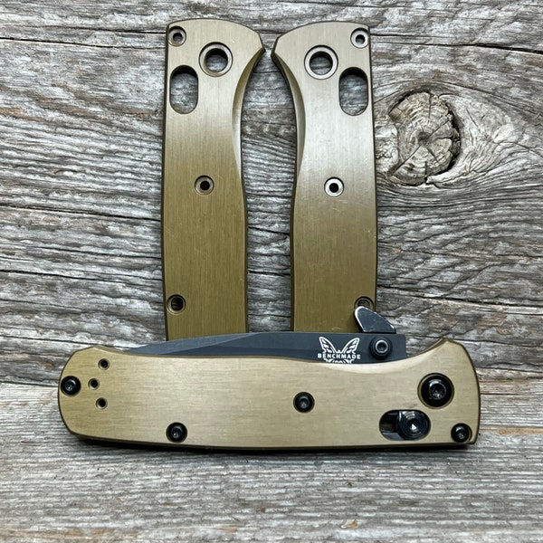 Aluminio Billet, liso, marrón anodizado, fabricado en EE. UU., mango de cuchillo de escalas Mini Bugout de Benchmade, escalas de cuchillos, transporte diario