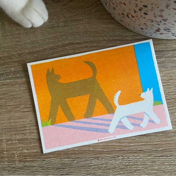 Dog and shadows postcard / Riso postcard / Christmas card for family or friends