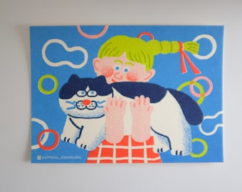 Hug With My Cat Riso Postcard - Handmade Greeting Card