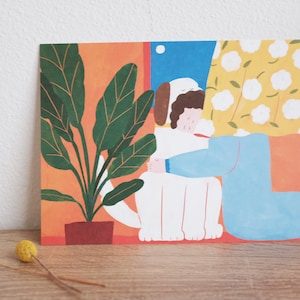 Morning cuddle with my dog poster / 7 x 10 inches / Dog Illustration