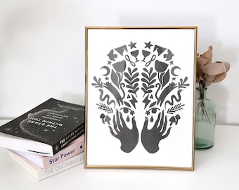 Witch Magic Risograph Print, Black Ink Illustration (8.5x11in)