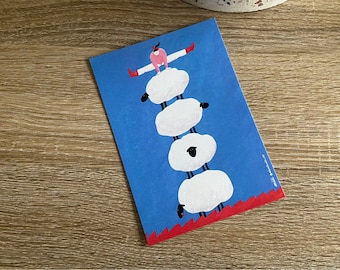 Jump on sheep’s back postcard / Riso postcard / Christmas card for family or friends