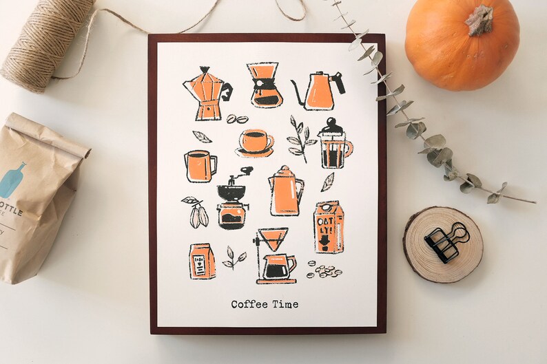 Coffee Time Poster Risograph Prints Coffee Wall Art Coffee Lover gift Kitchen Print Coffee Poster image 1