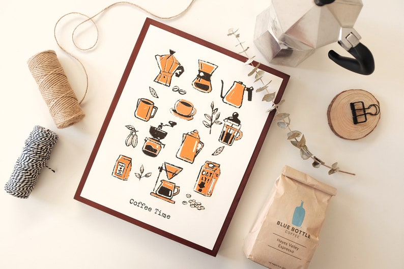 Coffee Time Poster Risograph Prints Coffee Wall Art Coffee Lover gift Kitchen Print Coffee Poster image 2