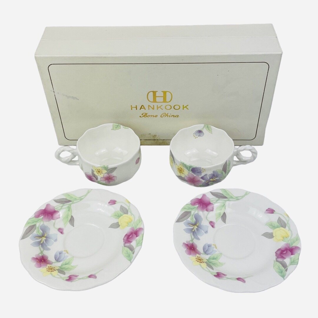 Hankook Bone China England Original Tech Teacup Saucers 2 Sets Korea