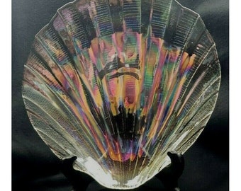 Vintage Kamei Glass Japan Iridescent Shell Shaped Carnival Glass Dish Tray RARE
