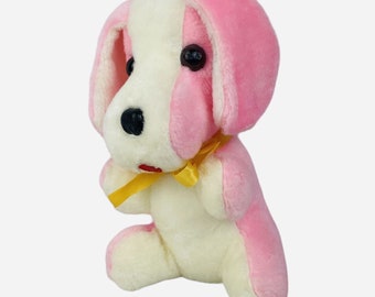 Vintage 1970s Ajean Toy Mfg 11" Pink White Puppy Dog Plush Korea Stiff Carnival