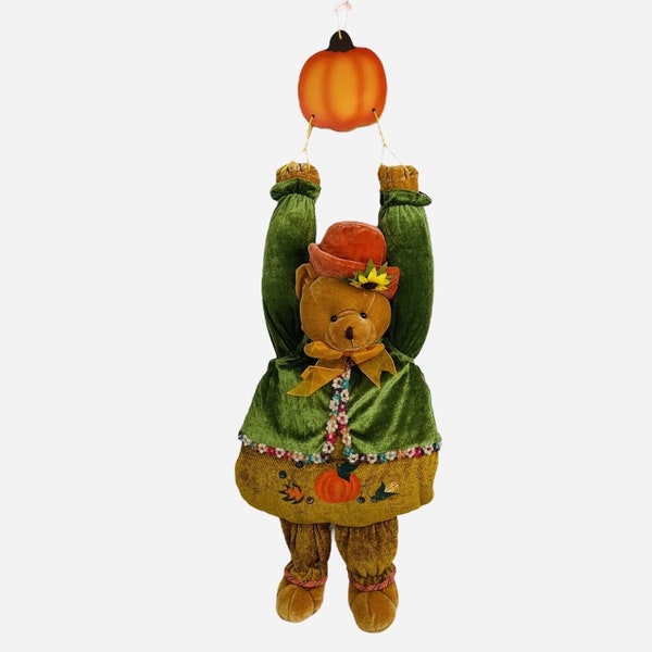 Vintage 90s Hanging Autumn Fall 32" Plush Teddy Bear Pumpkin Leaf Thanksgiving