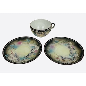 Vintage Dragonware Moriage Teacup and 2 Saucers Hand Painted Japan Blue Eyes 3D