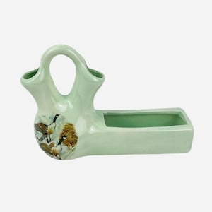 RARE Vintage Green Double Opening Spout Bud Vase Planter Geese Mallard Duck Signed