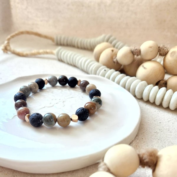 Ocean Jasper diffuser bracelet. Lava stone diffuser bracelet. Breaded bracelet made in Manitoba