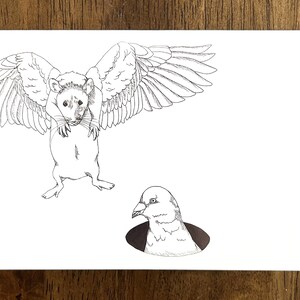 May include: Black and white illustration of a rat with bird wings, flying above a pigeon emerging from a hole. The artwork is on a white background, with a wooden surface in the background.