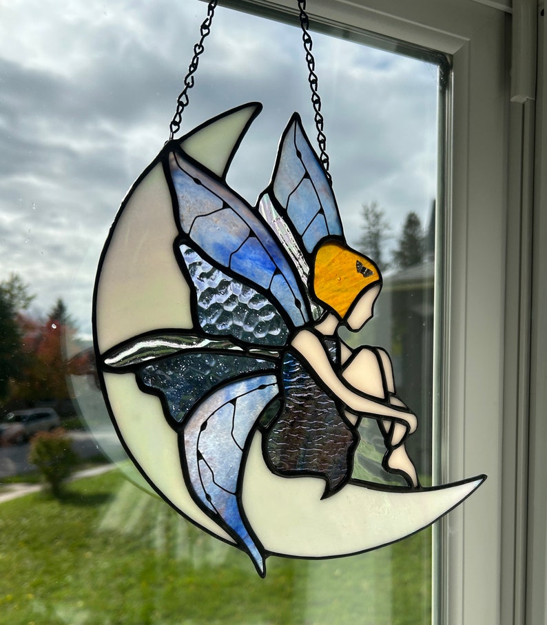 Stained Glass Fairy on Moon - Etsy