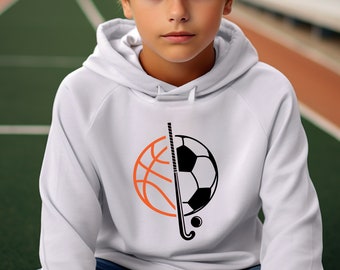 Basketball Soccer Field Hockey Hoodie | Personalize with Player Name | Soccer | Field Hockey | Soccer Basketball Split | Triple Sports