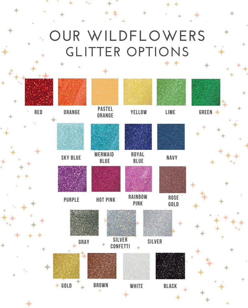 Puede incluir: Un gr&aacute;fico de colores titulado "OUR WILDFLOWERS GLITTER OPTIONS" muestra 20 opciones de color de purpurina. Los colores incluyen rojo, naranja, amarillo, verde, azul, morado, rosa, dorado, marr&oacute;n, blanco y negro. Cada color est&aacute; etiquetado con su nombre.