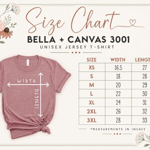 May include: A mauve unisex jersey t-shirt with a size chart. The chart lists sizes XS to 3XL, with corresponding width and length measurements in inches. The shirt has a crew neck and short sleeves. The text "Size Chart" is at the top.
