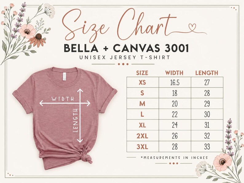 May include: A mauve unisex jersey t-shirt with a size chart. The chart lists sizes XS to 3XL, with corresponding width and length measurements in inches. The shirt has a crew neck and short sleeves. The text "Size Chart" is at the top.