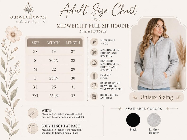 May include: An adult size chart for a midweight full zip hoodie, District DT6102. The chart lists sizes XS to 2XL with width and length measurements in inches. It includes fabric composition, features like a full zip front, and available colors: black and light grey heather.