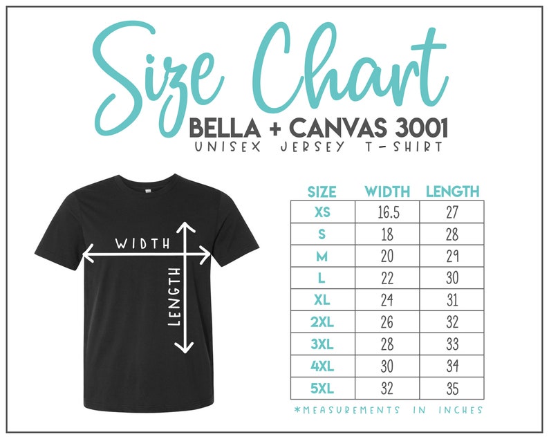 Puede incluir: Una camiseta unisex negra con una tabla de tallas. La tabla enumera las tallas XS a 5XL, con las medidas de ancho y largo correspondientes en pulgadas. El texto "Size Chart" est&aacute; en la parte superior, con "BELLA + CANVAS 3001 UNISEX JERSEY T-SHIRT" debajo.