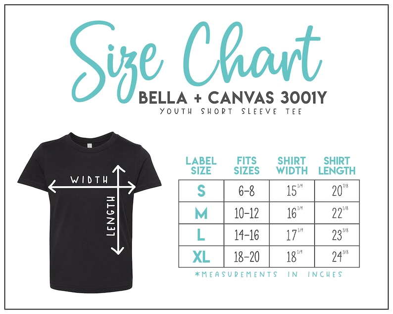 Puede incluir: Una camiseta negra de manga corta para j&oacute;venes con una tabla de tallas. La tabla muestra las tallas S, M, L y XL, con las tallas correspondientes, anchos y largos de camisa en pulgadas. El texto "Size Chart" est&aacute; en fuente turquesa.