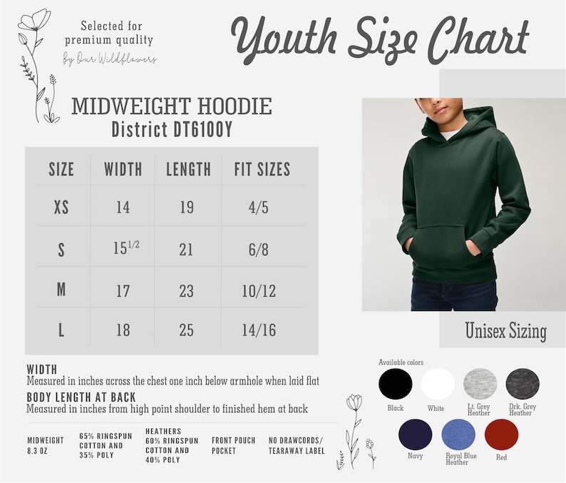 Puede incluir: Tabla de tallas juvenil para una sudadera con capucha de peso medio, District DT6100Y, con medidas en pulgadas. La tabla incluye tallas XS a L, con ancho, largo y tallas de ajuste correspondientes. Los colores disponibles son negro, blanco, gris claro jaspeado, gris oscuro jaspeado, azul marino, azul real jaspeado y rojo.
