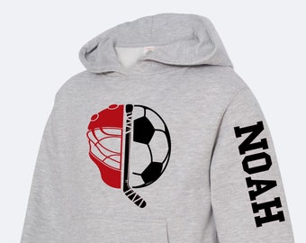 Dual Soccer Hockey Hoodie | Personalize with Player Name | Soccer Shirts | Hockey Shirts | Soccer Hockey Split | Kids Sports Apparel